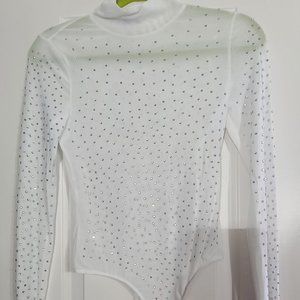 White sheer bedazzle studded bodysuit